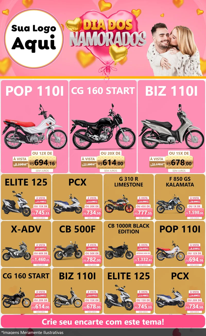 Modelo de Encarte para Encarte Grande com o tema Dia dos Namorados para Concessionaria de Motos