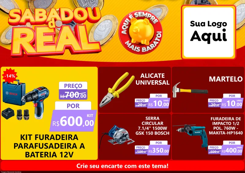 Modelo de Encarte para Encarte A4 Horizontal com o tema Sabadou do Real para Maquinas e Ferramentas