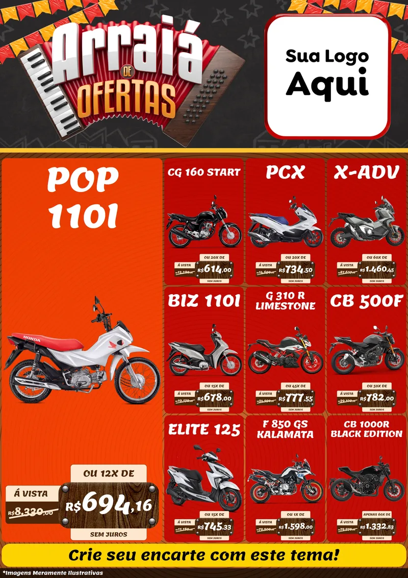 Modelo de Encarte para Encarte A4 Vertical com o tema Arraiá de Ofertas - Junina para Concessionaria de Motos