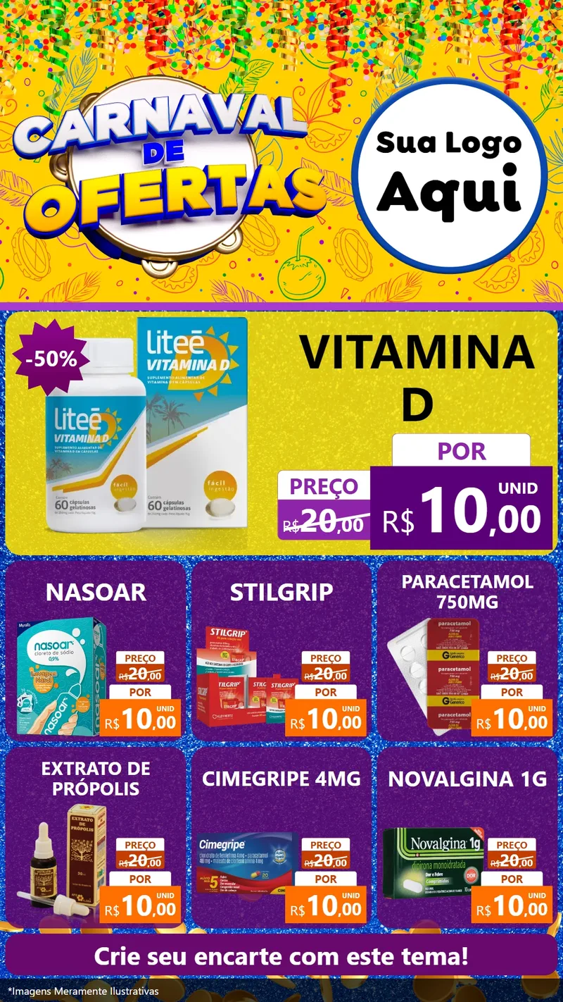 Modelo de Rede Social para Stories com o tema Carnaval de Ofertas para Farmácia