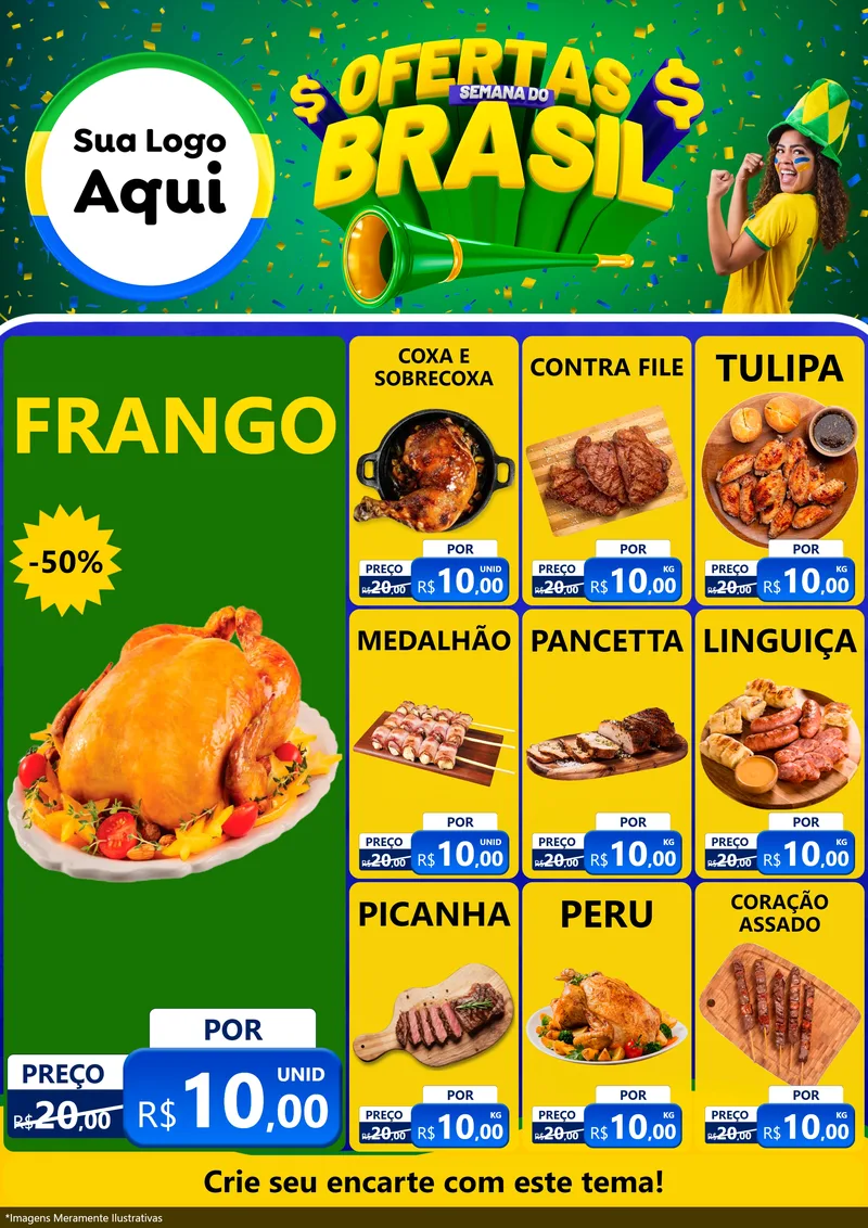 Modelo de Encarte para Encarte A4 Vertical com o tema Ofertas Semana do Brasil para Assados