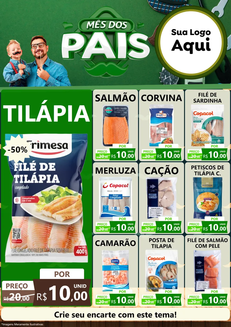 Modelo de Encarte para Encarte A4 Vertical com o tema Mês dos Pais para Peixaria