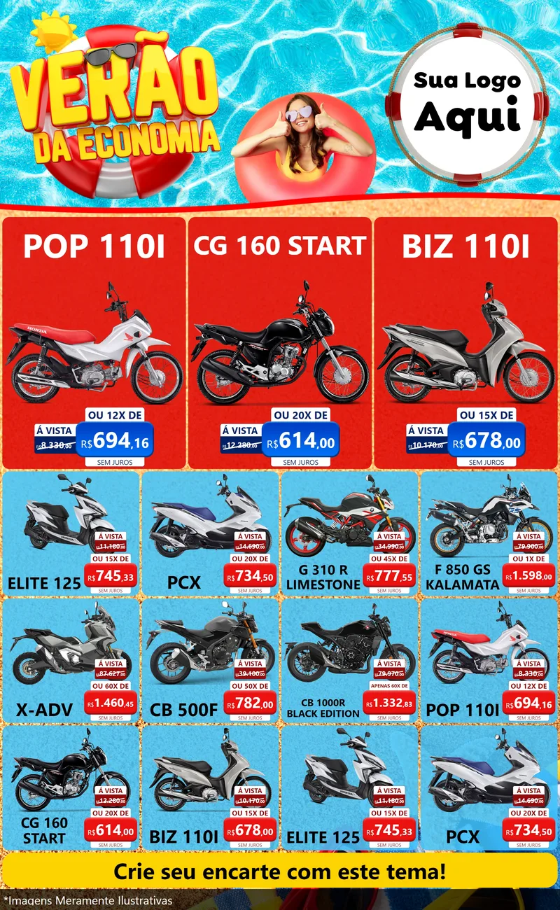Modelo de Encarte para Encarte Grande com o tema Verão da Economia para Concessionaria de Motos