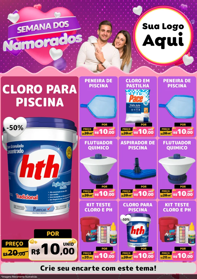 Modelo de Encarte para Encarte A4 Vertical com o tema Semana dos Namorados para Produtos para Piscina