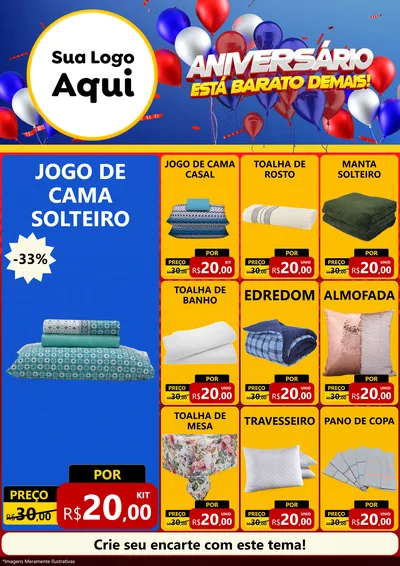 Modelo de Encarte para Encarte A4 Vertical com o tema Aniversário para Cama, Mesa e Banho