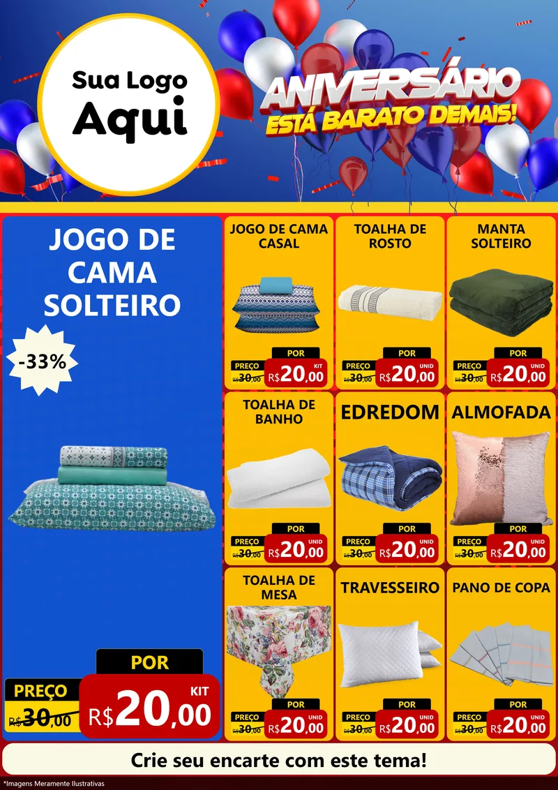 Modelo de Encarte para Encarte A4 Vertical com o tema Aniversário para Cama, Mesa e Banho
