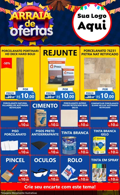 Modelo de Encarte para Encarte Grande com o tema Arraiá de Ofertas para Pisos e revestimentos