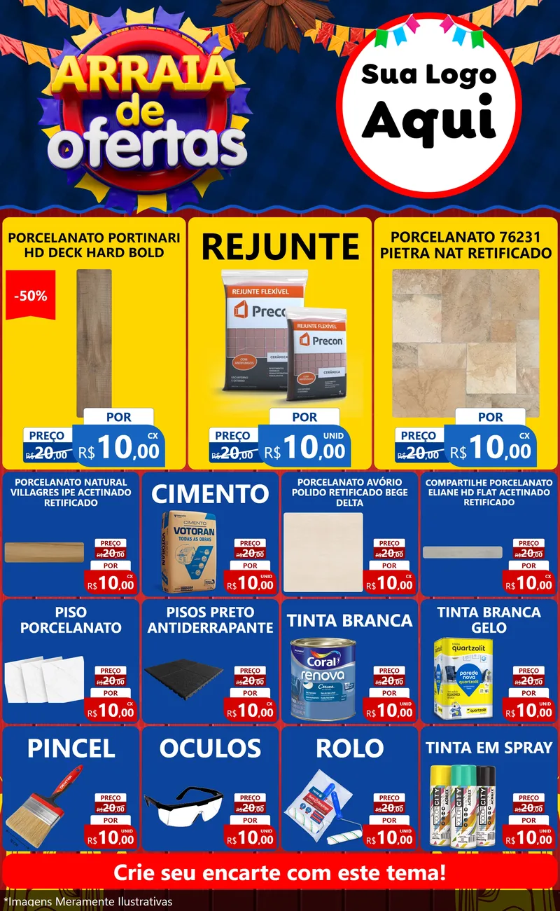 Modelo de Encarte para Encarte Grande com o tema Arraiá de Ofertas para Pisos e revestimentos