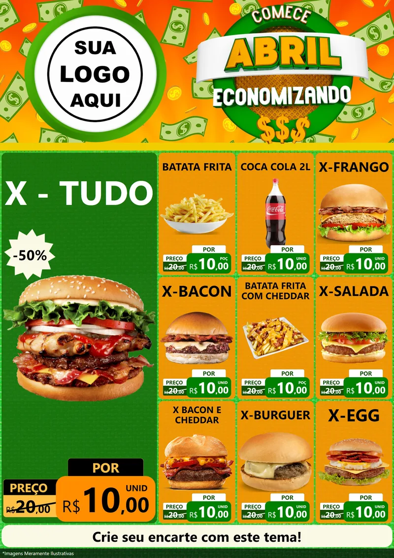 Modelo de Encarte para Encarte A4 Vertical com o tema Comece Abril Economizando para Hamburgueria
