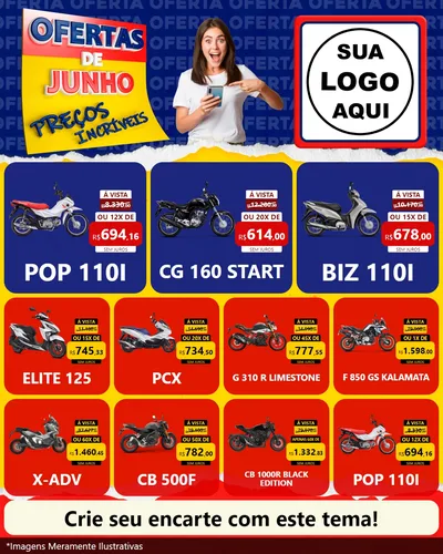 Modelo de Rede Social para Feed Instagram com o tema Ofertas de Junho - Preços Incríveis para Concessionaria de Motos