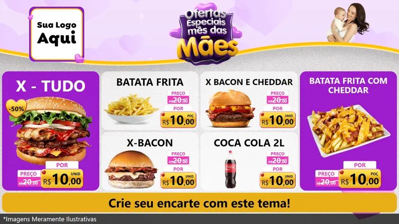 Modelo de TV para TV Horizontal com o tema Ofertas Especiais - Mês das Mães para Hamburgueria