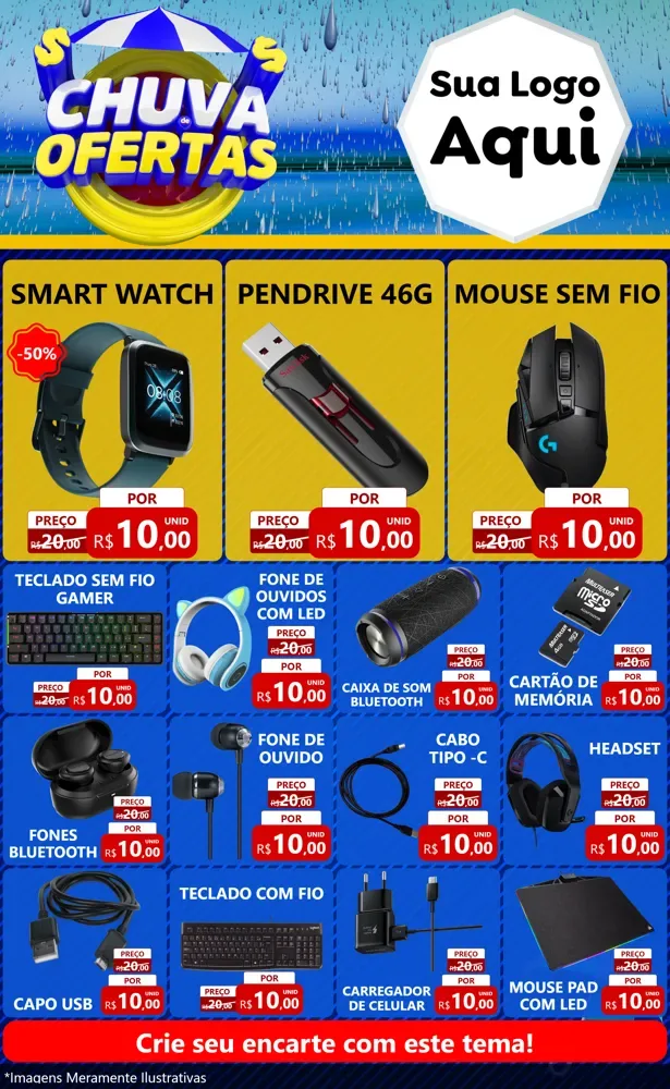 Modelo de Encarte para Encarte Grande com o tema Chuva de Ofertas para Informática