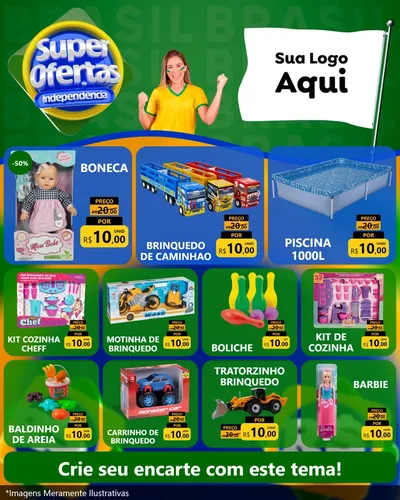 Modelo de Rede Social para Feed Instagram com o tema Super Ofertas de Independência para Brinquedos