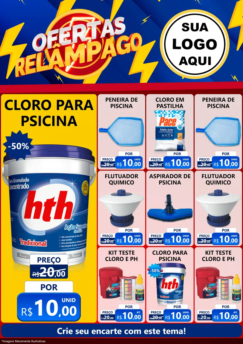 Modelo de Encarte para Encarte A4 Vertical com o tema Ofertas Relâmpago para Produtos para Piscina