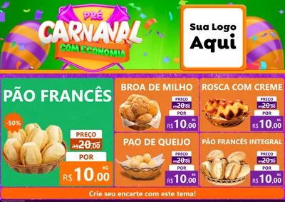 Modelo de Encarte para Encarte A4 Horizontal com o tema Pré-Carnaval Com Economia para Padaria
