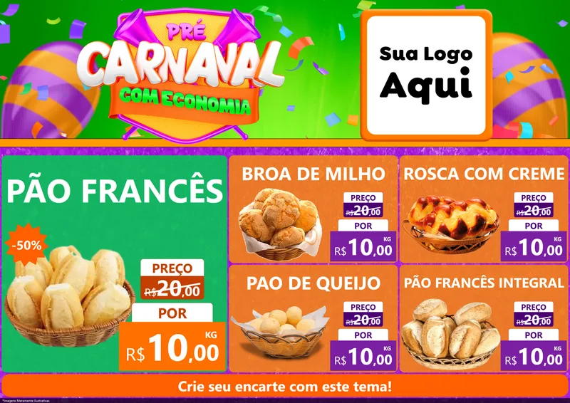 Modelo de Encarte para Encarte A4 Horizontal com o tema Pré-Carnaval Com Economia para Padaria
