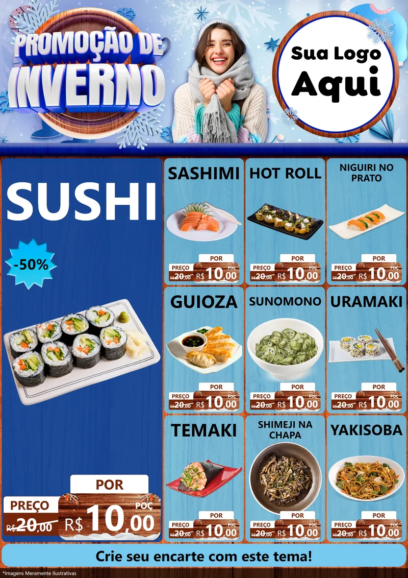Modelo de Encarte para Encarte A4 Vertical com o tema Promoção de Inverno para Comida japonesa