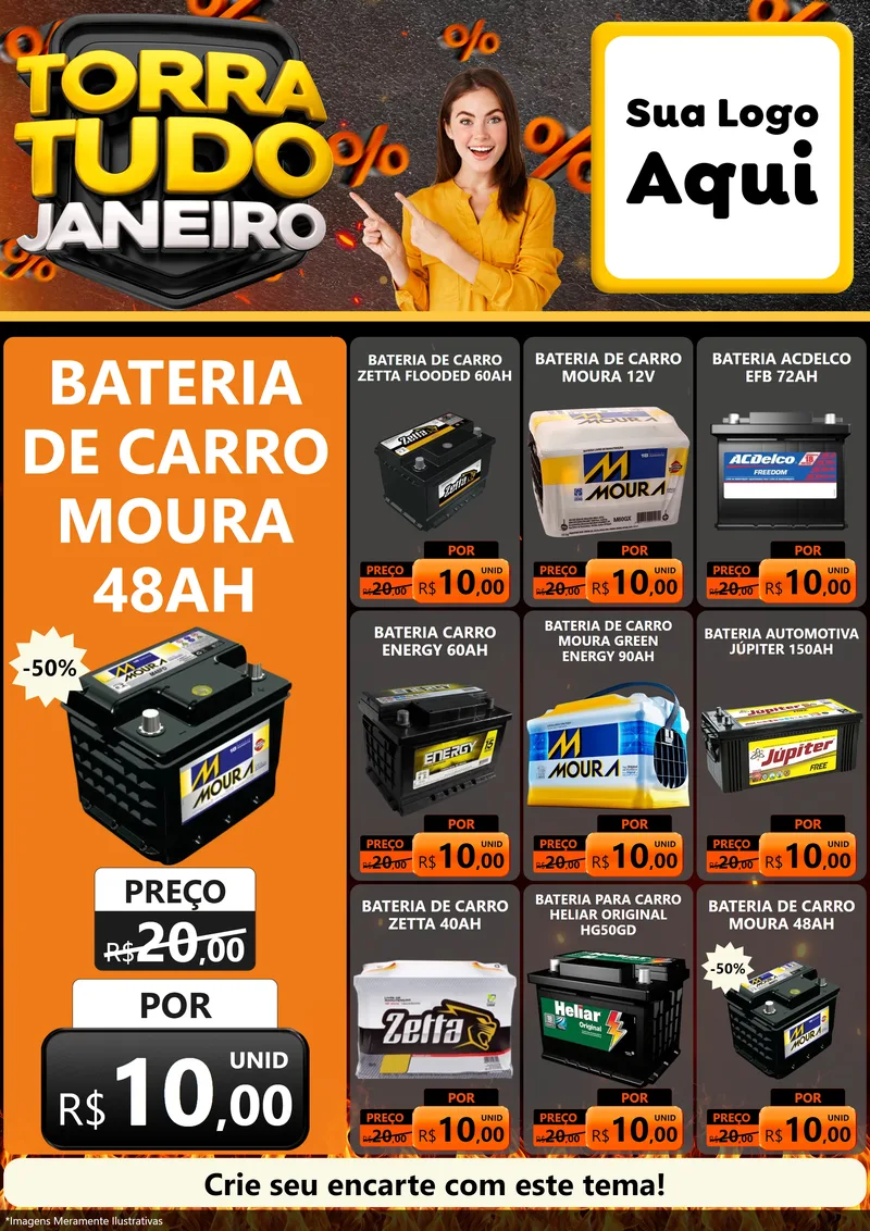 Modelo de Encarte para Encarte A4 Vertical com o tema Torra Tudo Janeiro para Baterias Elétricas