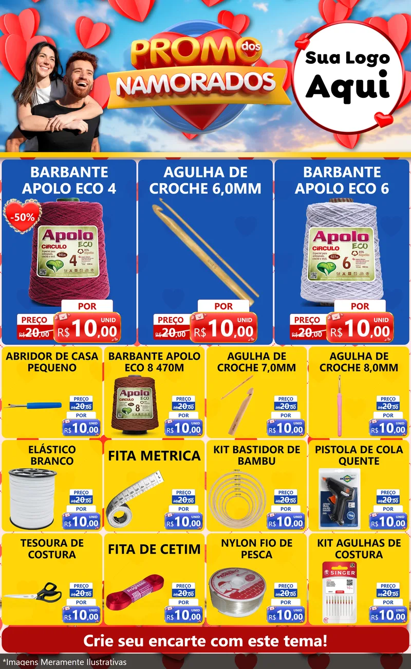 Modelo de Encarte para Encarte Grande com o tema Promo dos Namorados para Armarinho e Aviamentos