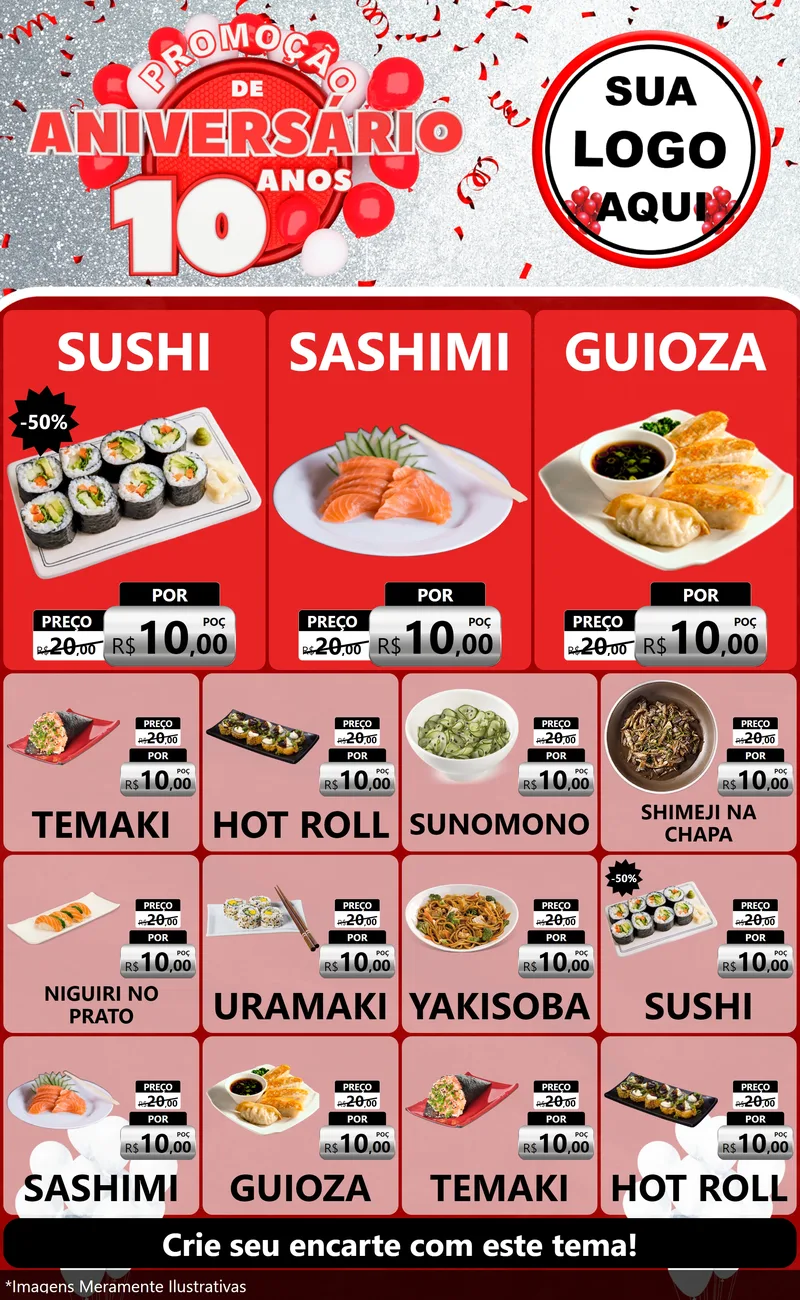 Modelo de Encarte para Encarte Grande com o tema Promoção de Aniversário - 10 Anos para Comida japonesa