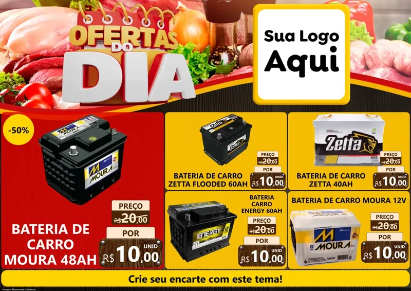 Modelo de Encarte para Encarte A4 Horizontal com o tema Ofertas do Dia para Baterias Elétricas