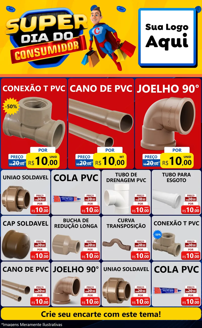 Modelo de Encarte para Encarte Grande com o tema Super Dia do Consumidor para Tubos e conexões