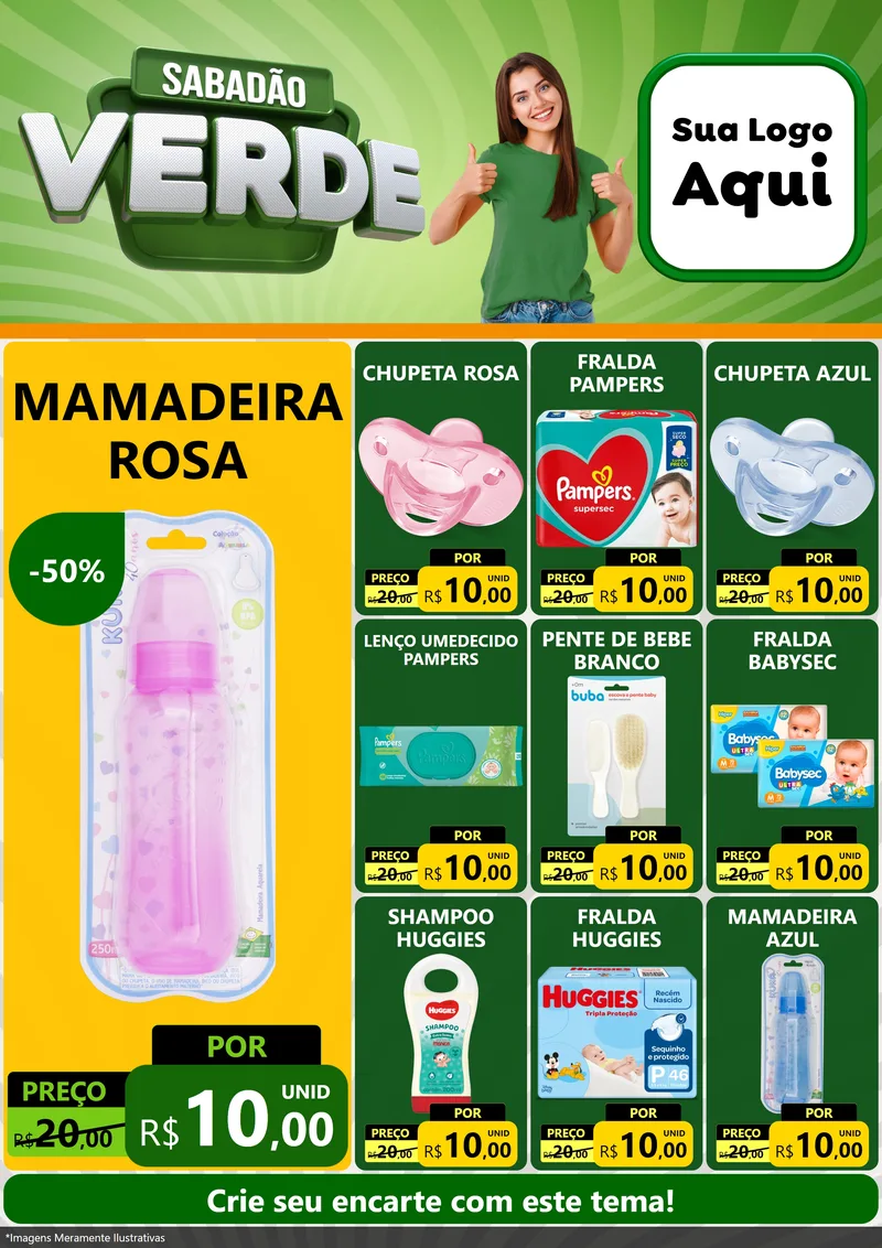 Modelo de Encarte para Encarte A4 Vertical com o tema Sabadão Verde para Bebês