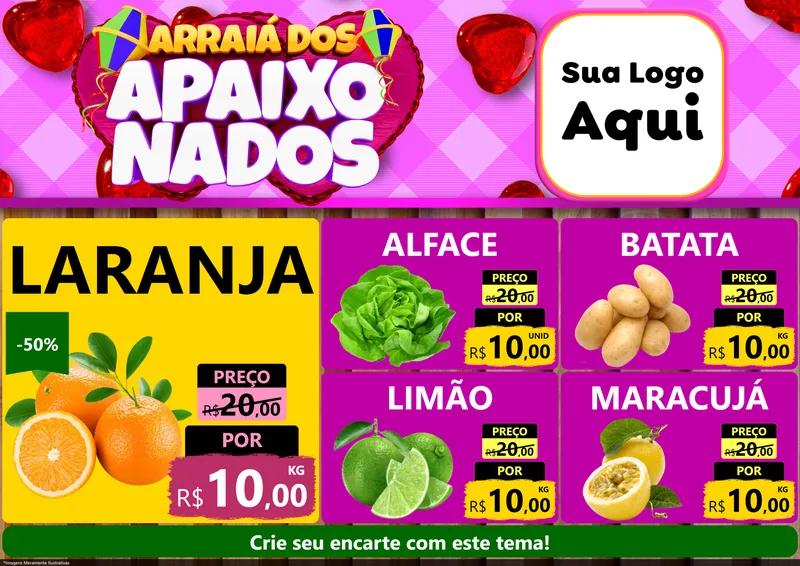 Modelo de Encarte para Encarte A4 Horizontal com o tema Arraiá dos Apaixonados para Hortifrúti