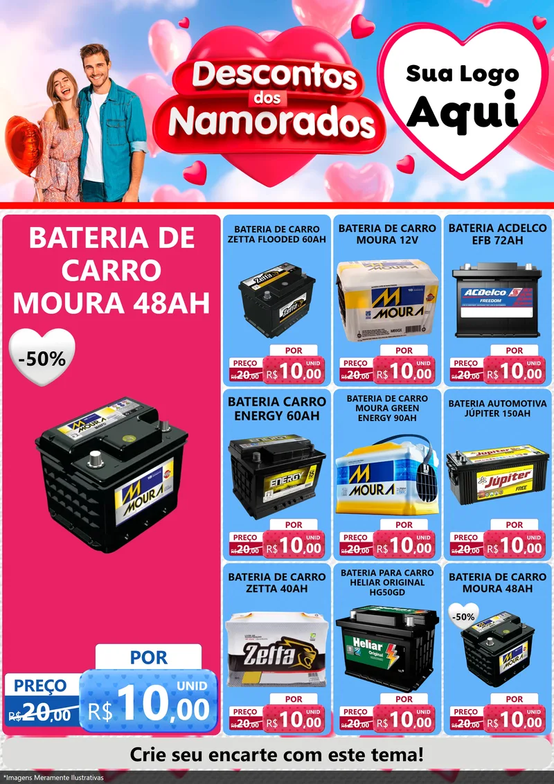 Modelo de Encarte para Encarte A4 Vertical com o tema Descontos dos Namorados para Baterias Elétricas