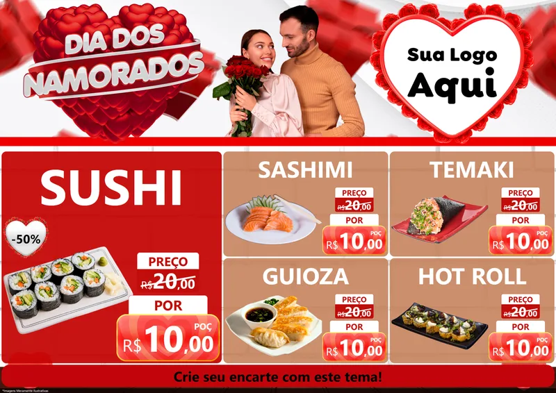 Modelo de Encarte para Encarte A4 Horizontal com o tema Dia dos Namorados para Comida japonesa