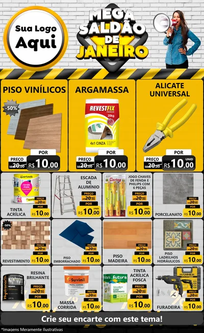 Modelo de Encarte para Encarte Grande com o tema Mega Saldão de Janeiro para Material para Construção