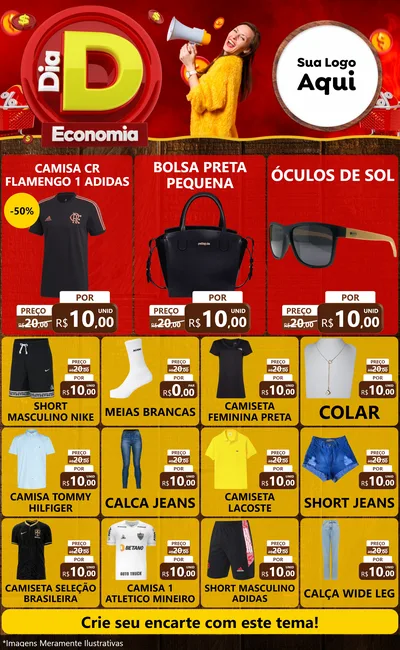 Modelo de Encarte para Encarte Grande com o tema Dia D Economia para Roupas e acessórios