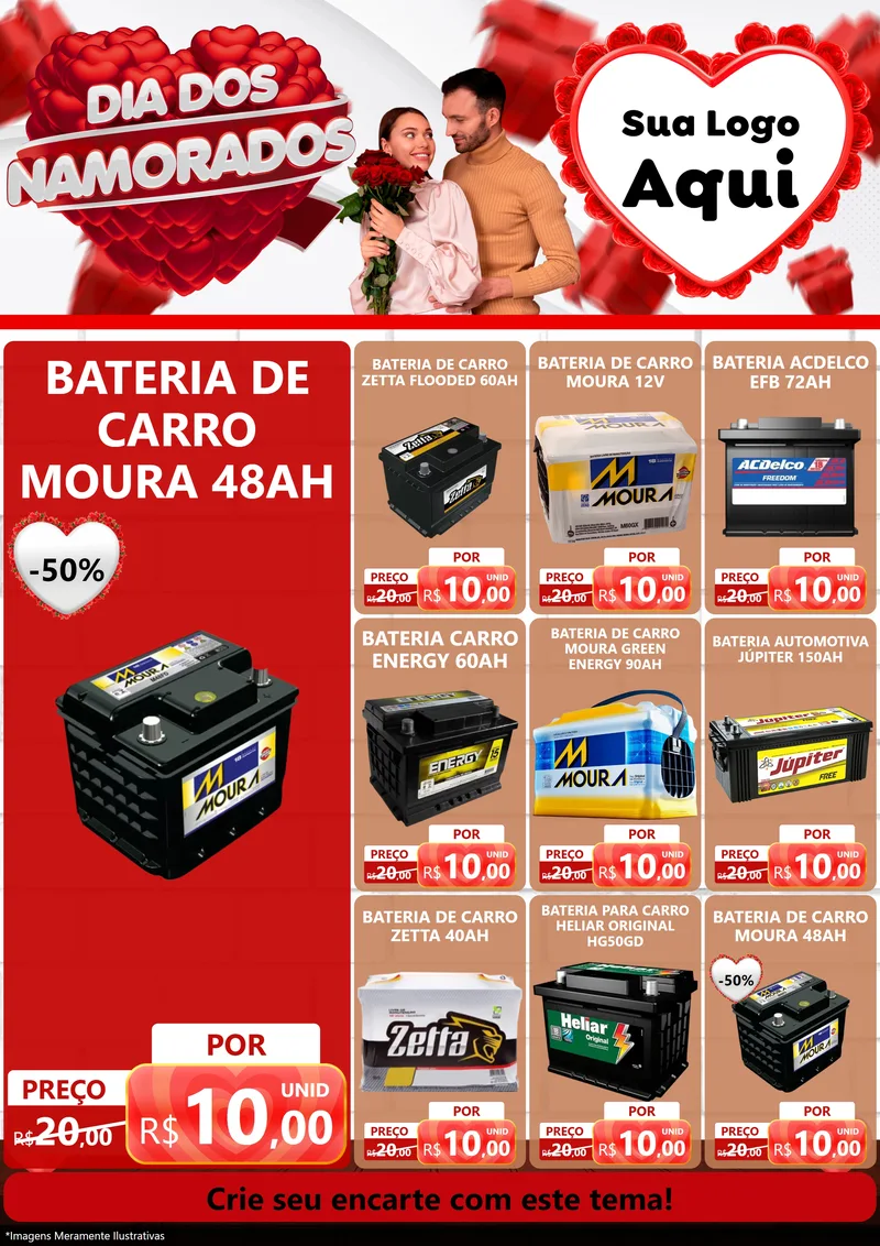 Modelo de Encarte para Encarte A4 Vertical com o tema Dia dos Namorados para Baterias Elétricas