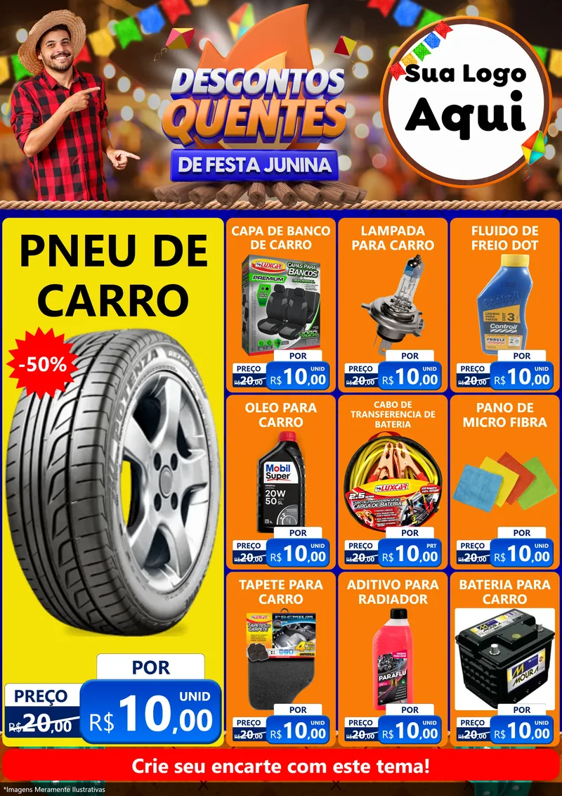 Modelo de Encarte para Encarte A4 Vertical com o tema Descontos Quentes de Festa Junina para Auto peças