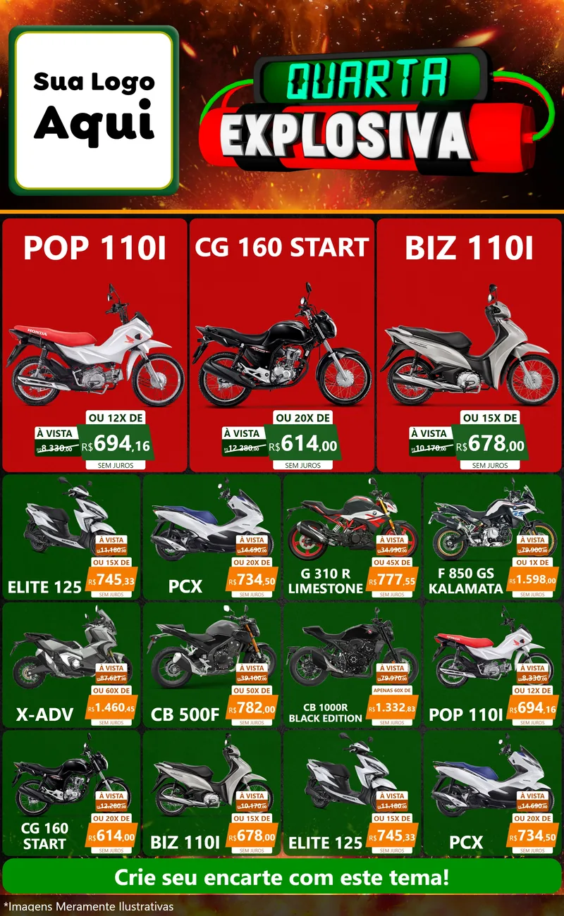 Modelo de Encarte para Encarte Grande com o tema Quarta Explosiva para Concessionaria de Motos