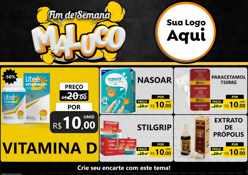 Modelo de Encarte para Encarte A4 Horizontal com o tema Fim de Semana Maluco para Farmácia