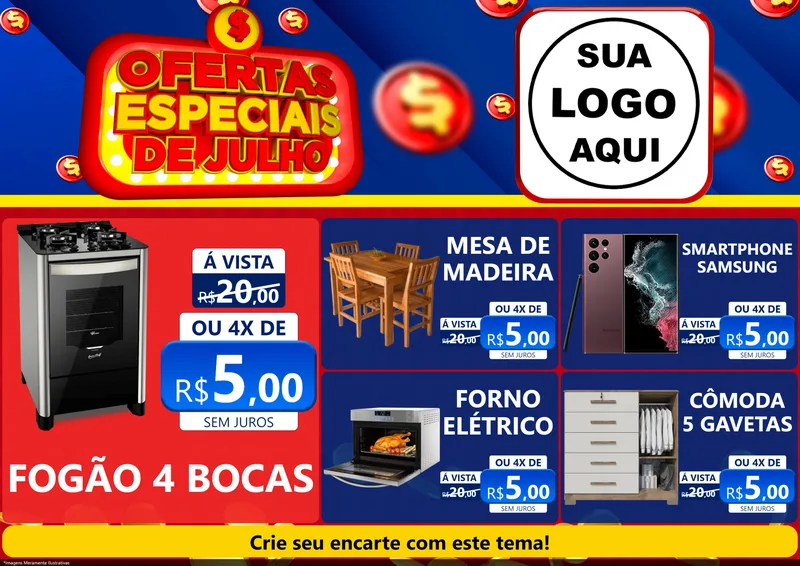 Modelo de Encarte para Encarte A4 Horizontal com o tema Ofertas Especiais de Julho para Móveis e Eletro