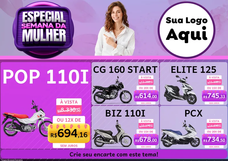 Modelo de Encarte para Encarte A4 Horizontal com o tema Especial Semana da Mulher para Concessionaria de Motos