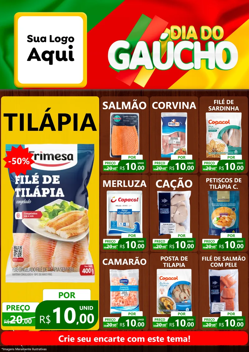 Modelo de Encarte para Encarte A4 Vertical com o tema Dia do Gaúcho para Peixaria