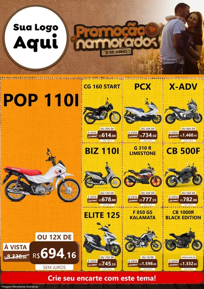 Modelo de Encarte para Encarte A4 Vertical com o tema Promoção Namorados para Concessionaria de Motos