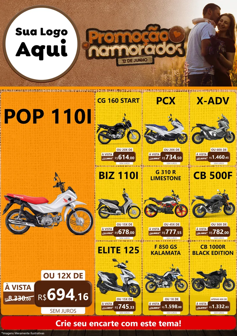 Modelo de Encarte para Encarte A4 Vertical com o tema Promoção Namorados para Concessionaria de Motos
