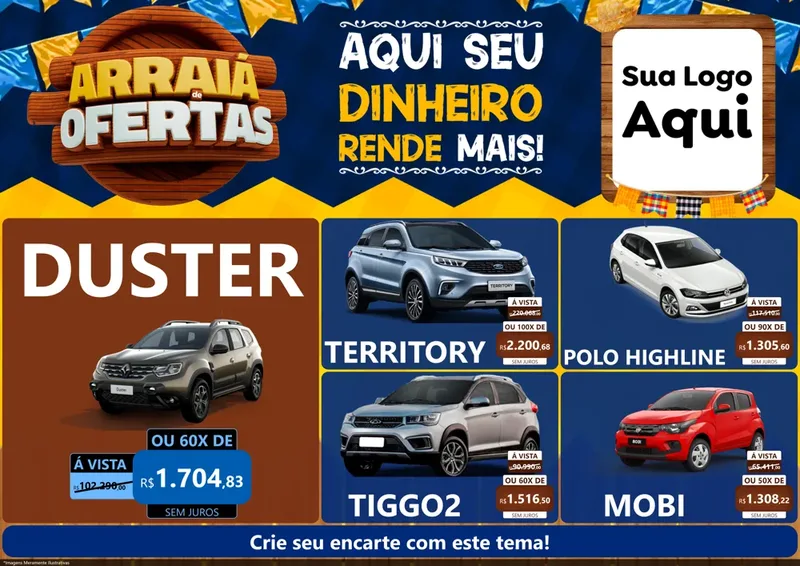 Modelo de Encarte para Encarte A4 Horizontal com o tema Arraiá de Ofertas - Junina para Concessionaria de Carros