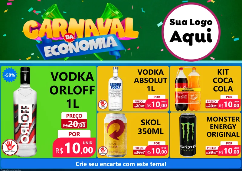 Modelo de Encarte para Encarte A4 Horizontal com o tema Carnaval da Economia para Distribuidora de bebidas