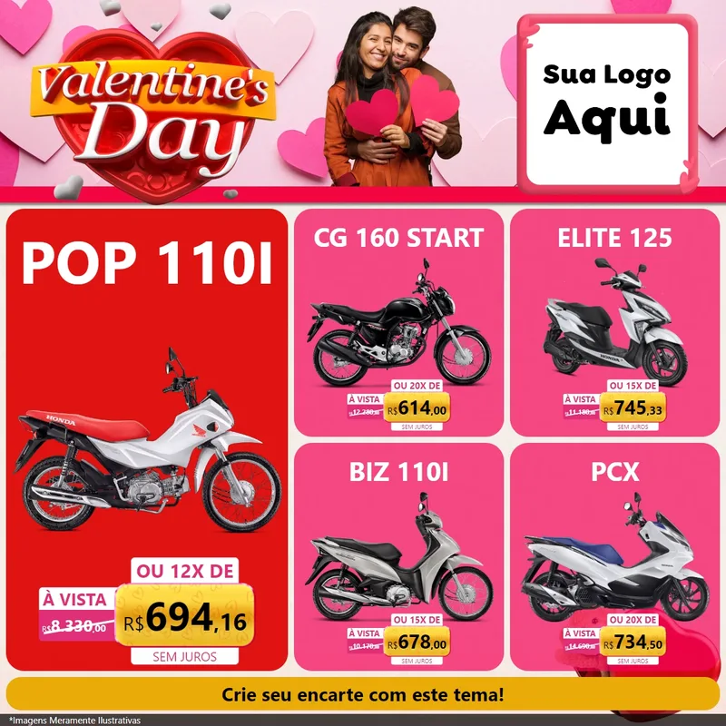 Modelo de Rede Social para Feed Facebook com o tema Valentine's Day para Concessionaria de Motos