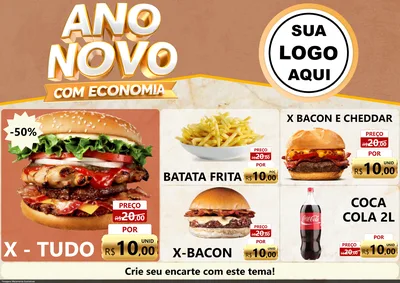 Modelo de Encarte para Encarte A4 Horizontal com o tema Ano Novo Com Economia para Hamburgueria