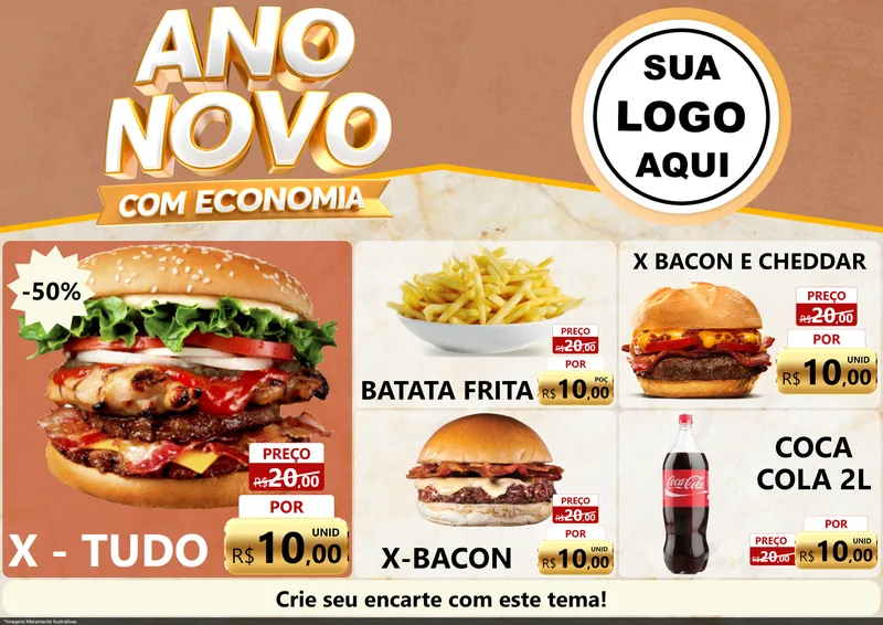 Modelo de Encarte para Encarte A4 Horizontal com o tema Ano Novo Com Economia para Hamburgueria