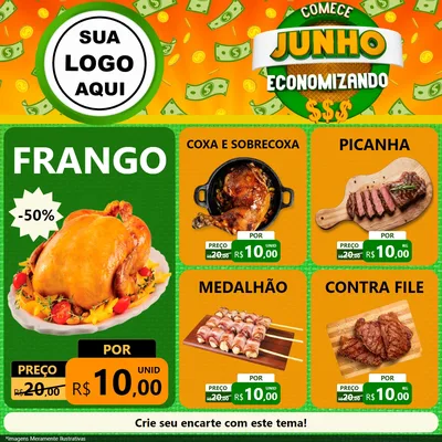 Modelo de Rede Social para Feed Facebook com o tema Comece Junho Economizando para Assados