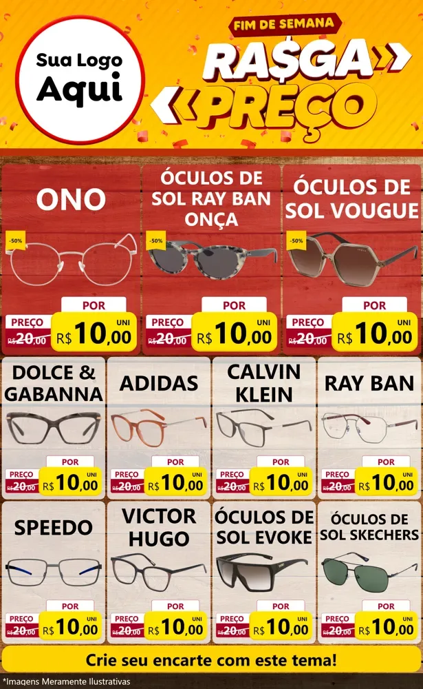 Modelo de Encarte para Encarte Grande com o tema Fim de Semana Rasga Preços para Óticas