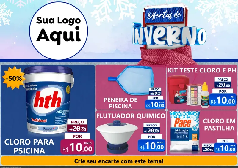 Modelo de Encarte para Encarte A4 Horizontal com o tema Ofertas de Inverno para Produtos para Piscina