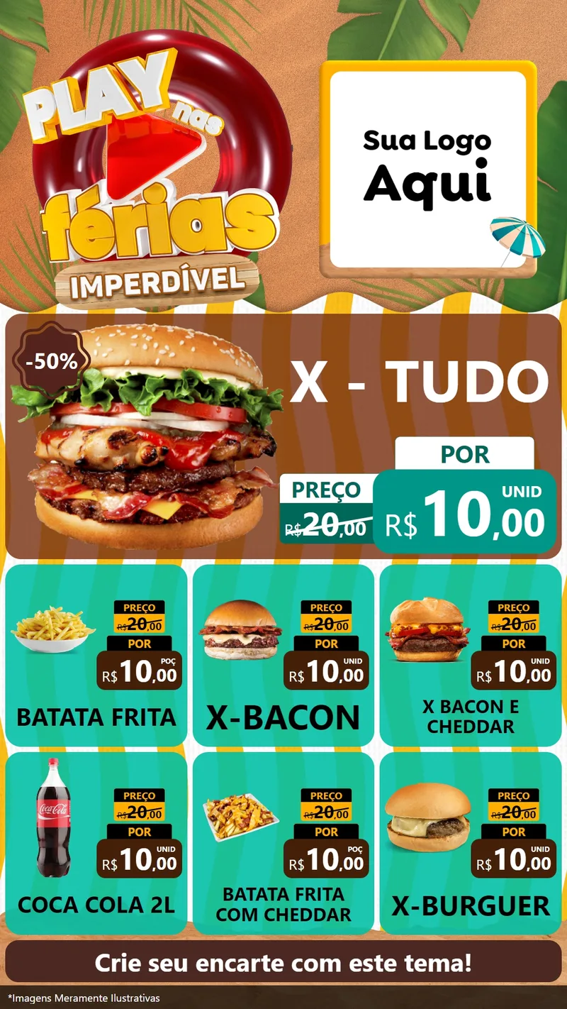 Modelo de Rede Social para Stories com o tema Play Nas Férias Imperdível para Hamburgueria